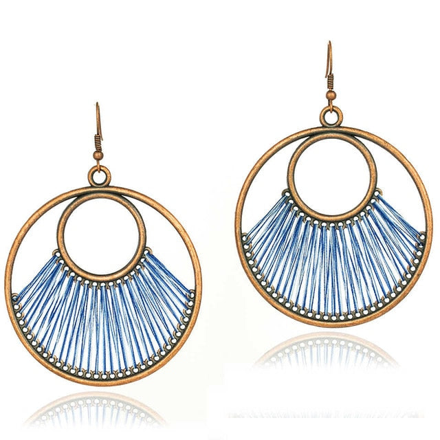 Bohemian Bronze Hoop And Blue Fringe Earrings