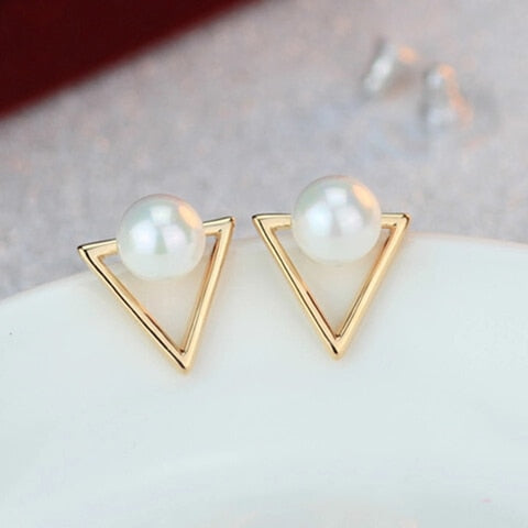 Summer Bohemian Golden Triangle And Pearl Post Earrings