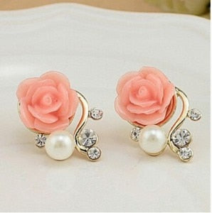 Pink Acrylic Rose And Pearl Post Earrings