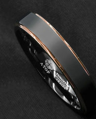 Men's 6mm Rose Gold Bevel Brushed Inlay Black Tungsten Carbide Ring