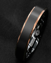 Men's 6mm Rose Gold Bevel Brushed Inlay Black Tungsten Carbide Ring