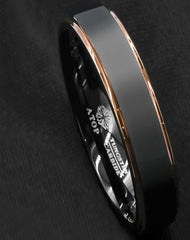 Men's 6mm Rose Gold Bevel Brushed Inlay Black Tungsten Carbide Ring