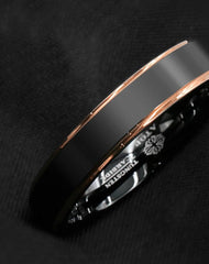 Men's 6mm Rose Gold Bevel Brushed Inlay Black Tungsten Carbide Ring