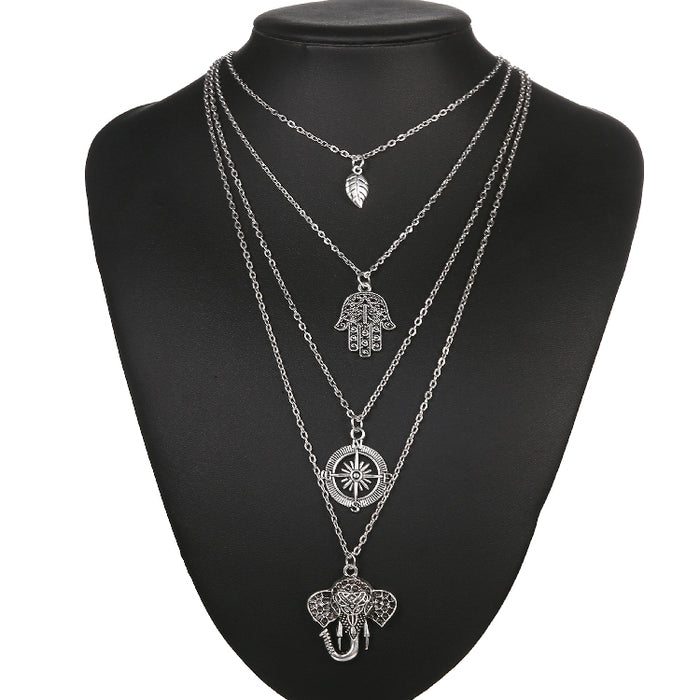 Women's Multi Layer Big Statement Hollow Compass Leaf Elephant Hand Necklace
