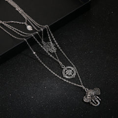 Women's Multi Layer Big Statement Hollow Compass Leaf Elephant Hand Necklace