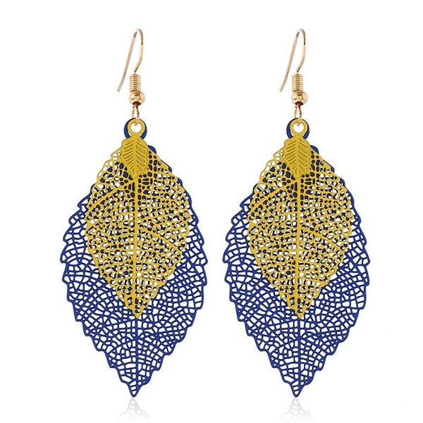 Vintage Hollow Gold And Blue Leaf Earrings