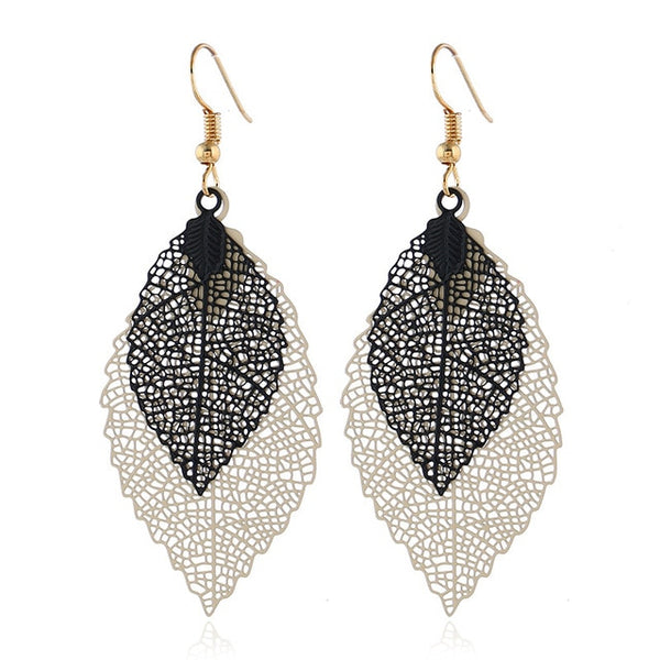 Vintage Hollow Black And White Leaf Earrings