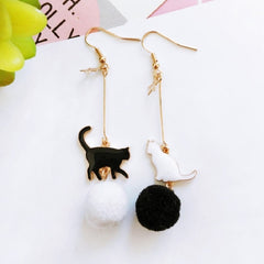 Black And White Cat Acrylic Drop Pom Pom Earrings