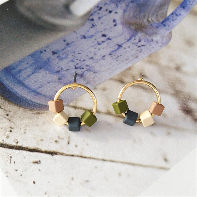 Golden Hoop and Green Mini Cube Post Earrings