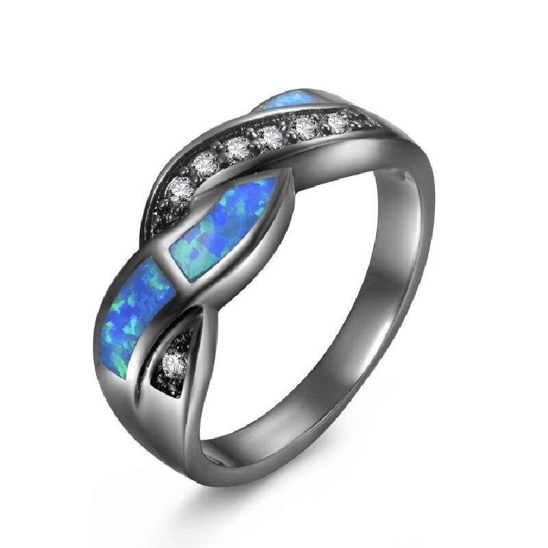 Women's Gunmetal Fire Blue Opal and CZ Ring