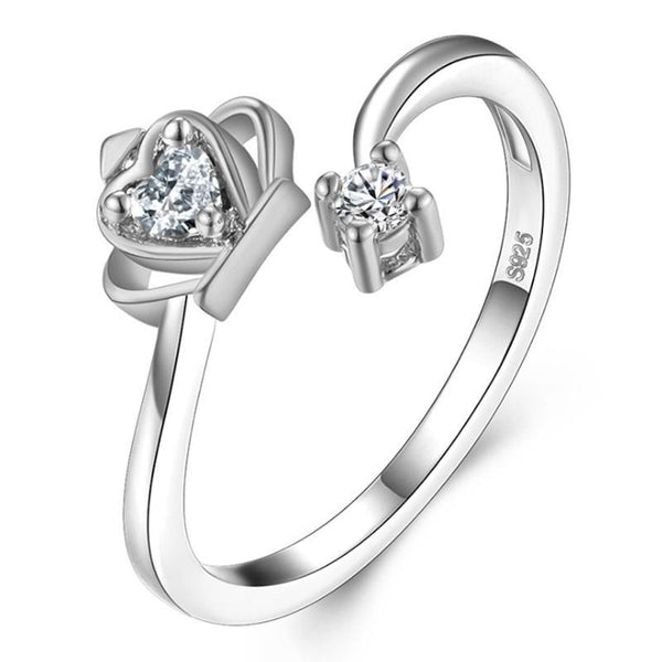 Women's Adjustable Heart Platinum and Gold Plated Open Band CZ Ring