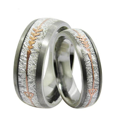 Couple's Matching Set of 6mm and 8mm Meteorite and Rose Gold Arrow Inlay Silver Tungsten Carbide Rings