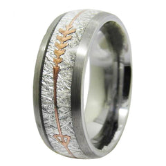 Couple's Matching Set of 6mm and 8mm Meteorite and Rose Gold Arrow Inlay Silver Tungsten Carbide Rings