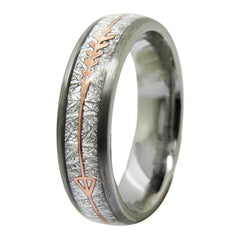 Couple's Matching Set of 6mm and 8mm Meteorite and Rose Gold Arrow Inlay Silver Tungsten Carbide Rings