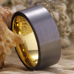 Couple's Matching Set of 6mm and 10mm Brushed Steel and Gold Inner Tungsten Carbide Rings