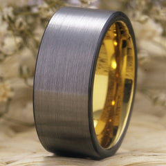 Couple's Matching Set of 6mm and 10mm Brushed Steel and Gold Inner Tungsten Carbide Rings