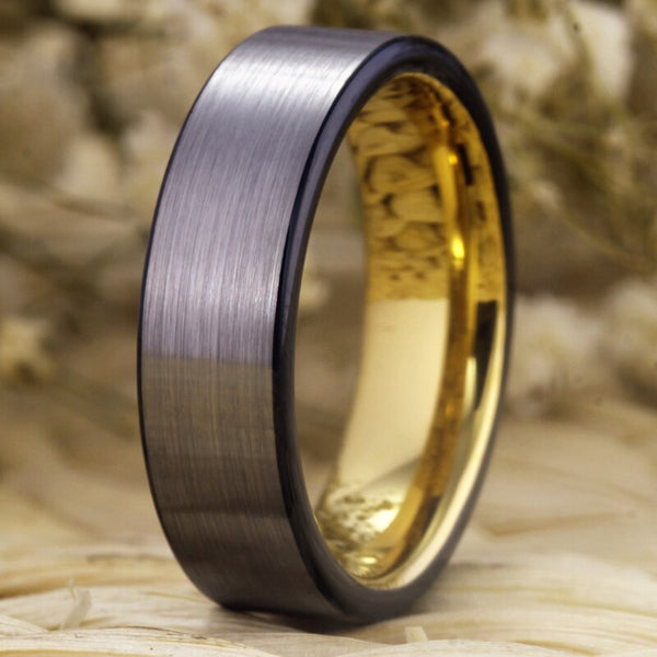 Couple's Matching Set of 6mm and 10mm Brushed Steel and Gold Inner Tungsten Carbide Rings