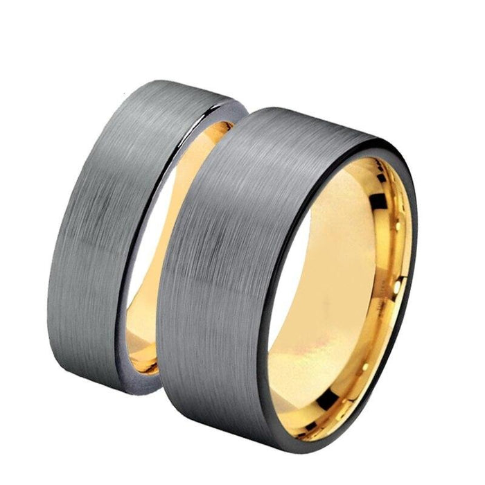 Couple's Matching Set of 6mm and 10mm Brushed Steel and Gold Inner Tungsten Carbide Rings