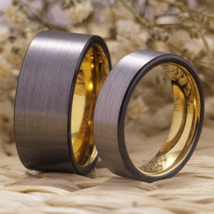 Couple's Matching Set of 6mm and 10mm Brushed Steel and Gold Inner Tungsten Carbide Rings