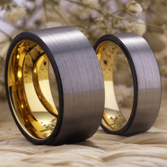 Couple's Matching Set of 6mm and 10mm Brushed Steel and Gold Inner Tungsten Carbide Rings