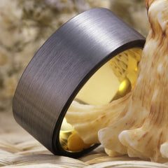 Couple's Matching Set of 6mm and 10mm Brushed Steel and Gold Inner Tungsten Carbide Rings