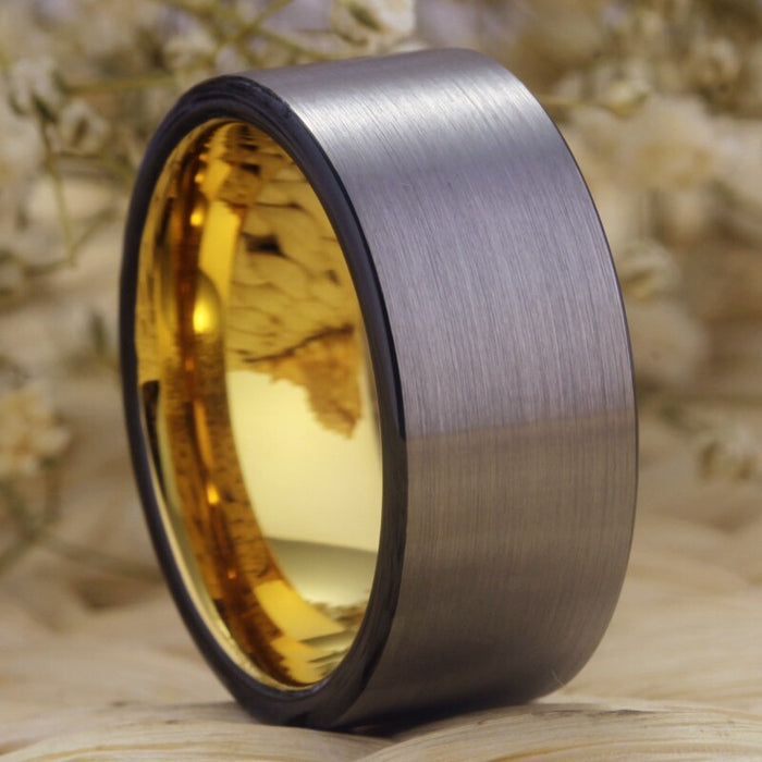 Couple's Matching Set of 6mm and 10mm Brushed Steel and Gold Inner Tungsten Carbide Rings