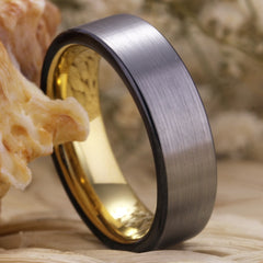 Couple's Matching Set of 6mm and 10mm Brushed Steel and Gold Inner Tungsten Carbide Rings