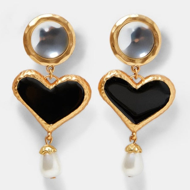 Black Acrylic And Pearl Gold Drop Post Earrings