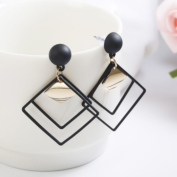 Layered Square Black Button Post Earrings