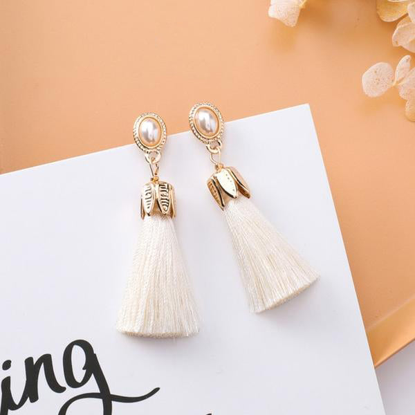 White Fringe And Pearl Oval Inlay Drop Post Earrings