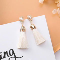 White Fringe And Pearl Oval Inlay Drop Post Earrings