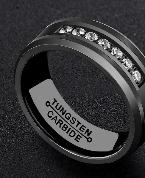 Men's 8mm CZ Inlay Black Tungsten Carbide Ring