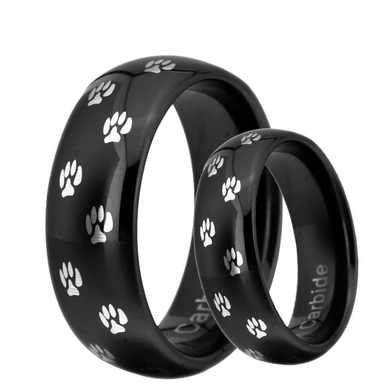 Couple's Matching Set of 6mm and 8mm Doggy Paw Print Tungsten Carbide Rings