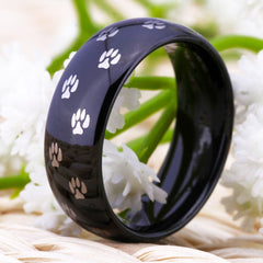 Couple's Matching Set of 6mm and 8mm Doggy Paw Print Tungsten Carbide Rings