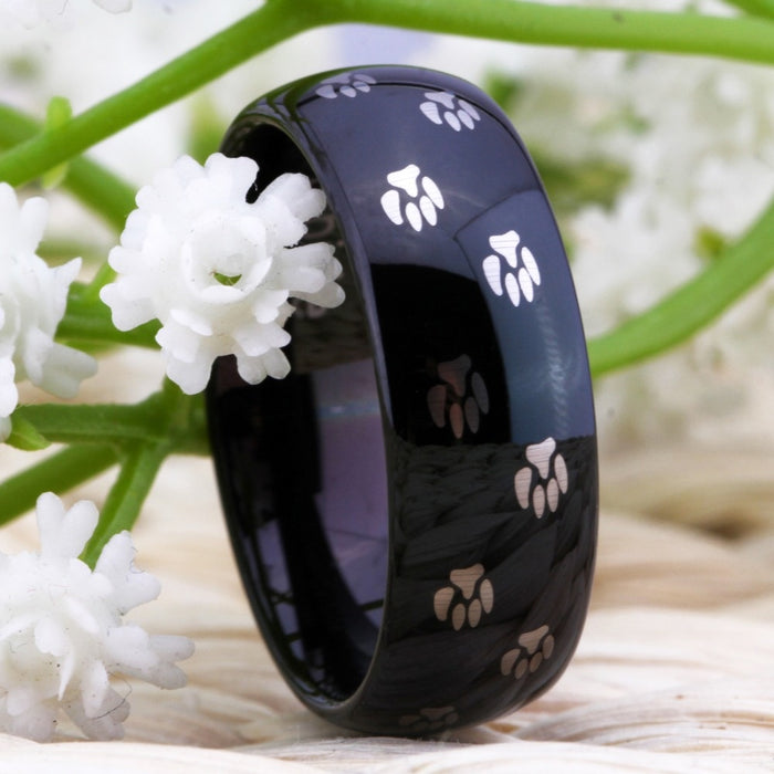 Couple's Matching Set of 6mm and 8mm Doggy Paw Print Tungsten Carbide Rings