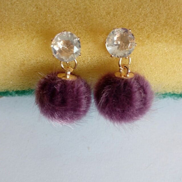 Purple Pom Pom And Diamond Post Earrings