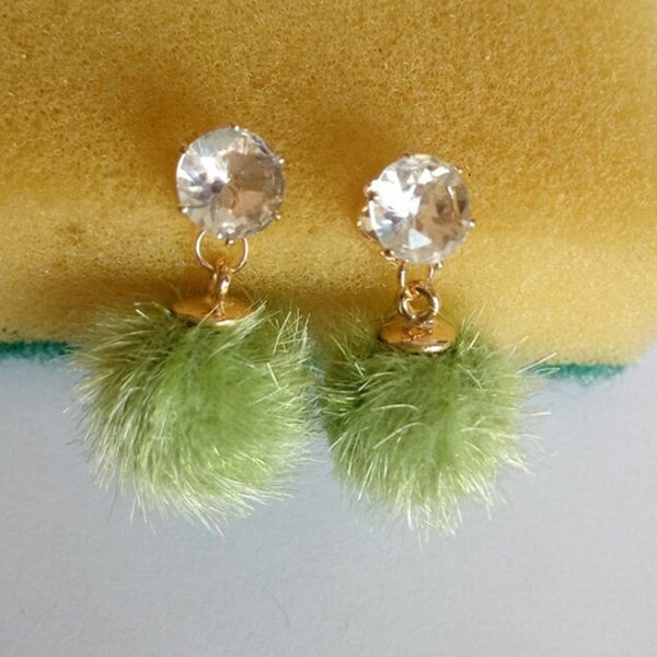 Green Tea Pom Pom And Diamond Post Earrings