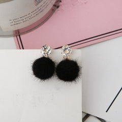 Black Pom Pom And Diamond Post Earrings