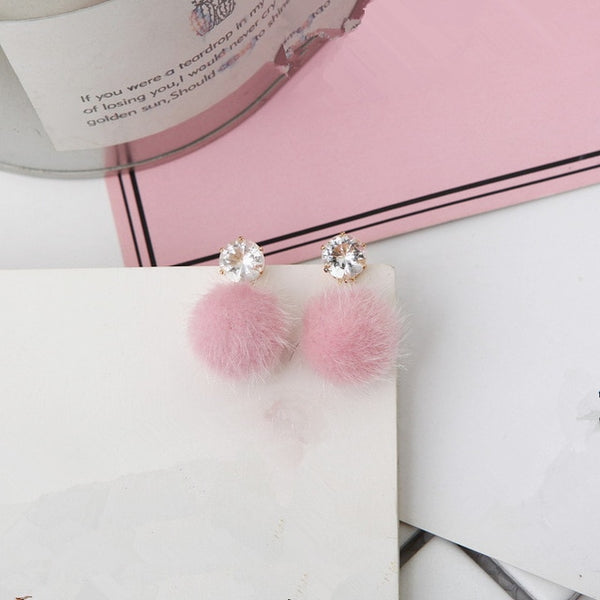 Pink Pom Pom And Diamond Post Earrings