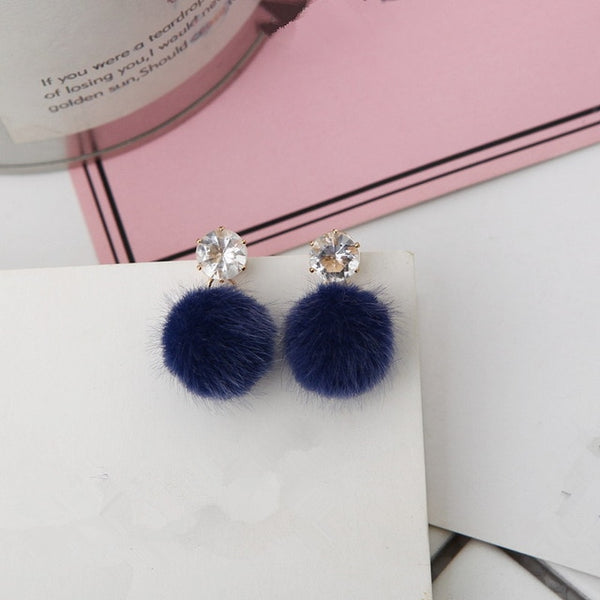 Blue Pom Pom And Diamond Post Earrings