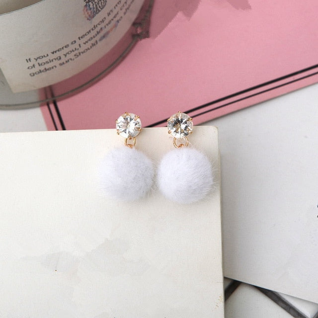 White Pom Pom And Diamond Post Earrings