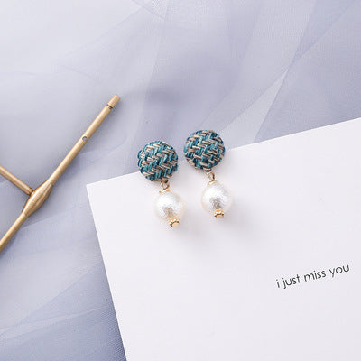 Summer Blue Tone Pearl And Woven Bead Post Earrings