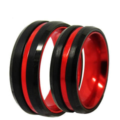 Couple's Matching Set of 6mm and 8mm Forever Two Tone Black and Red Tungsten Carbide Rings