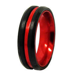 Couple's Matching Set of 6mm and 8mm Forever Two Tone Black and Red Tungsten Carbide Rings