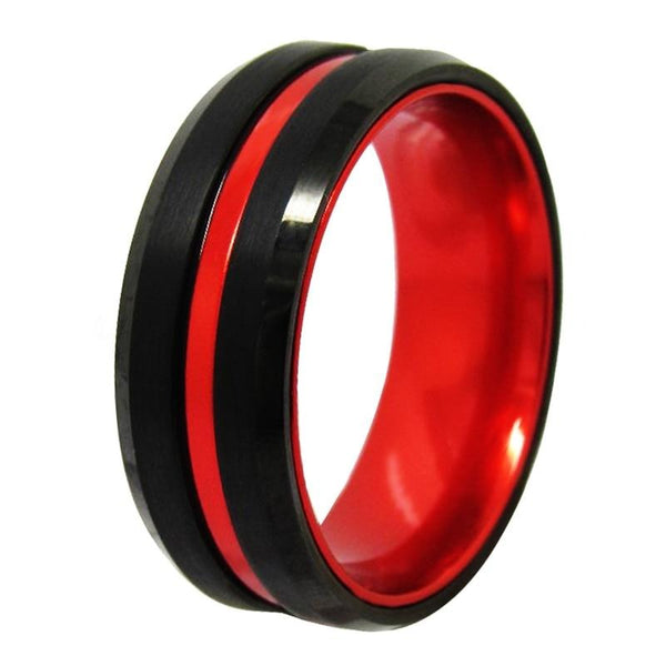 Couple's Matching Set of 6mm and 8mm Forever Two Tone Black and Red Tungsten Carbide Rings