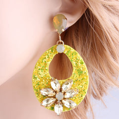 Acrylic Yellow Burst and Gold Rhinestone Drop Earrings