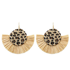 Leopard Print Wicker Woven Round Coin and Fringe Earrings