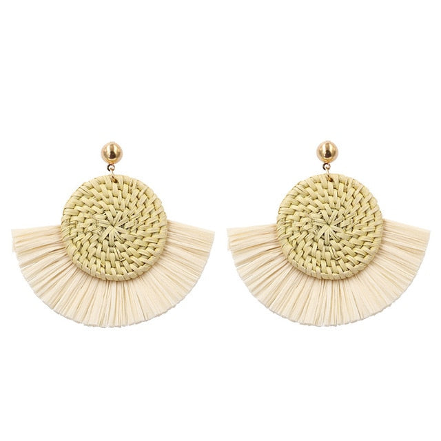 Cream Wicker Woven Round Coin and Fringe Earrings