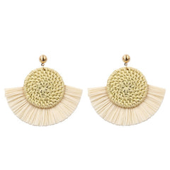 Cream Wicker Woven Round Coin and Fringe Earrings