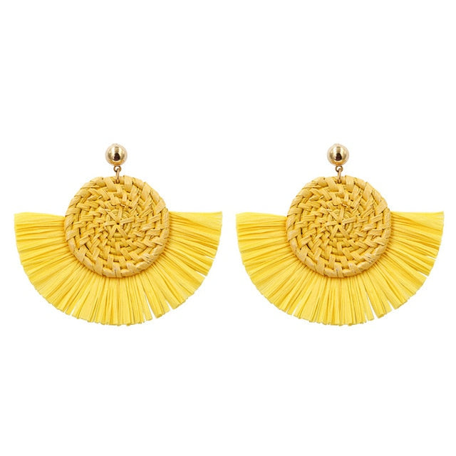 Yellow Wicker Woven Round Coin and Fringe Earrings